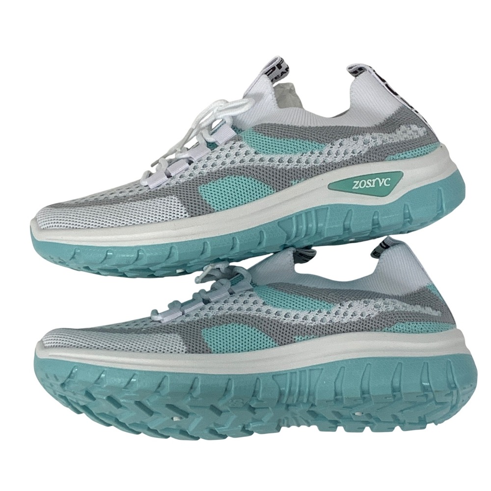 Zosivc Athletic Sneakers Girls 4 White Teal Gray Mesh Knit Running Shoes - Picture 6 of 8